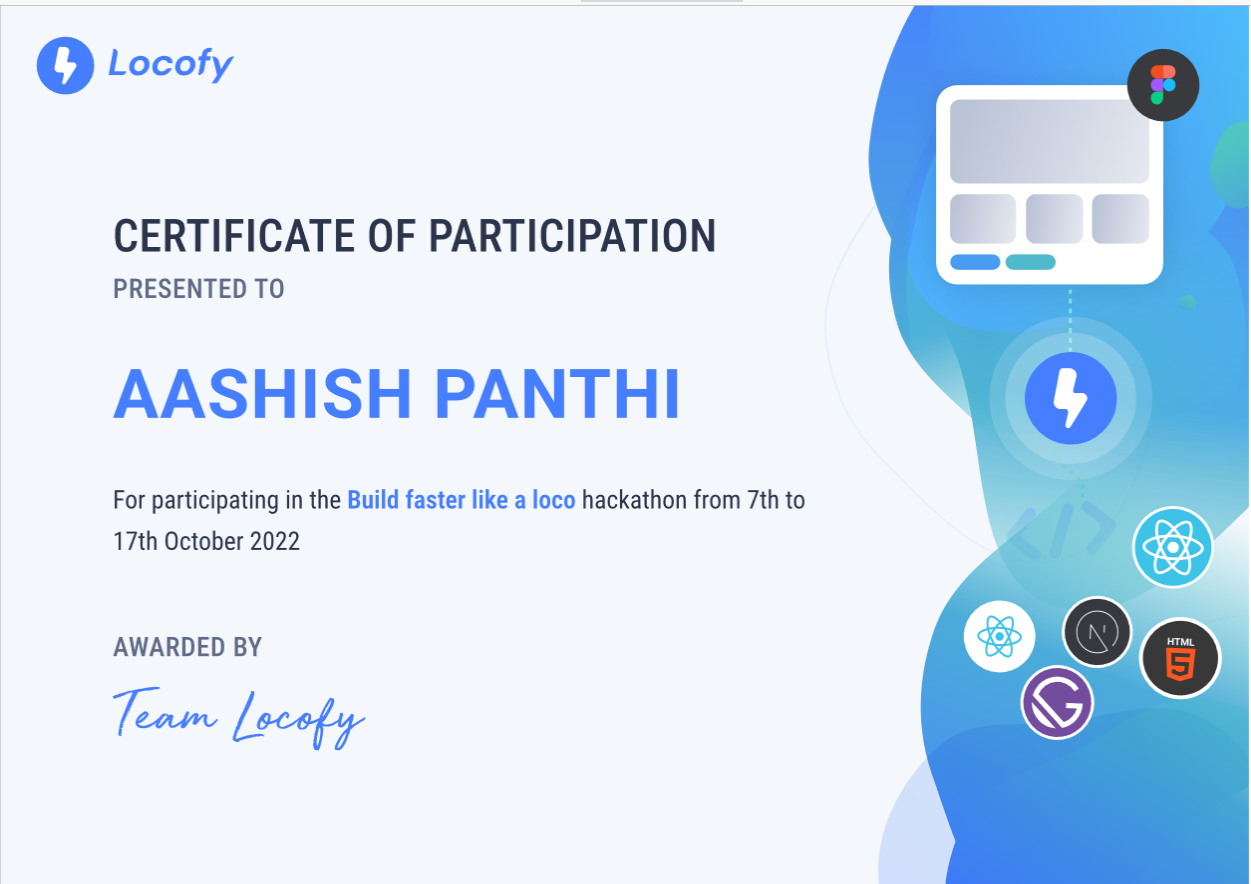 Locofy.ai Hackathon Certificate